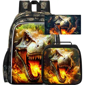 3PCS Dinosaur Backpack for Boys, 16" Kids Dino Bookbag with Lunch Box, Water Resistant Elementary Preschool Toddler School Bag - Fire-Breathing T-Rex
