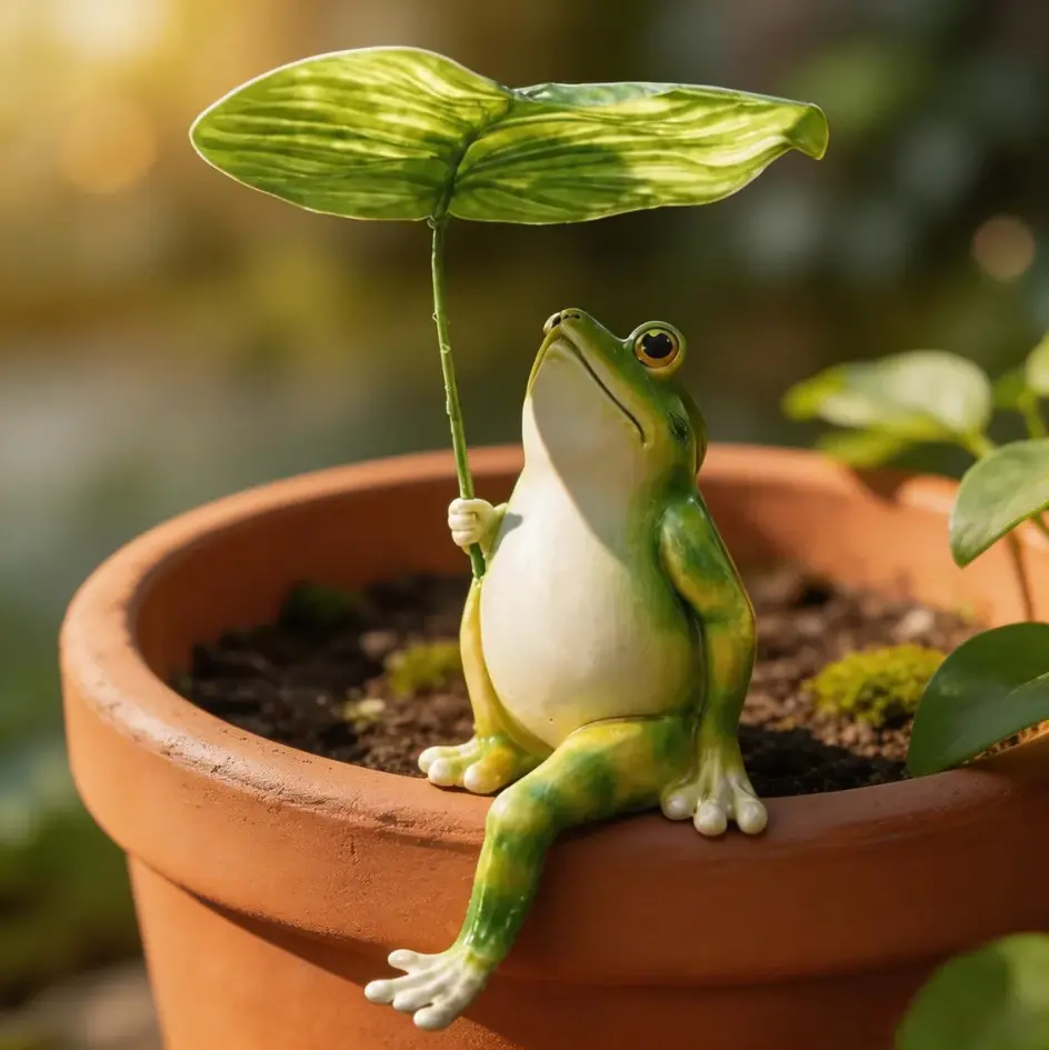 Cute Frog Plant Pot Decor Statue with Leaf Umbrella, Resin Garden Figurine for Indoor Outdoor Planters, Mini Frog Flower Pot Ornament for Succulent Pots, Fairy Garden Decoration, Whimsical Planter Sitter Patio Balcony Desk Shelf Home Gift for Plant Lovers