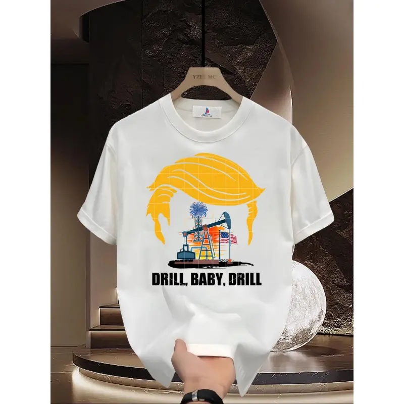 Men's Graphic T-Shirt - Casual Round Neck Short-Sleeve Streetwear Top with Drill Baby Drill Oil Rig American Flag Design, Sports & Outdoor Tshirt, Menswear