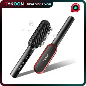 Hair Straightener Brush with Plasma Technique, Ceramic Straightening Brush with 16 Temp Settings 30s Fast Heating, Hair Straightener Comb with LED Display & Dual Voltage