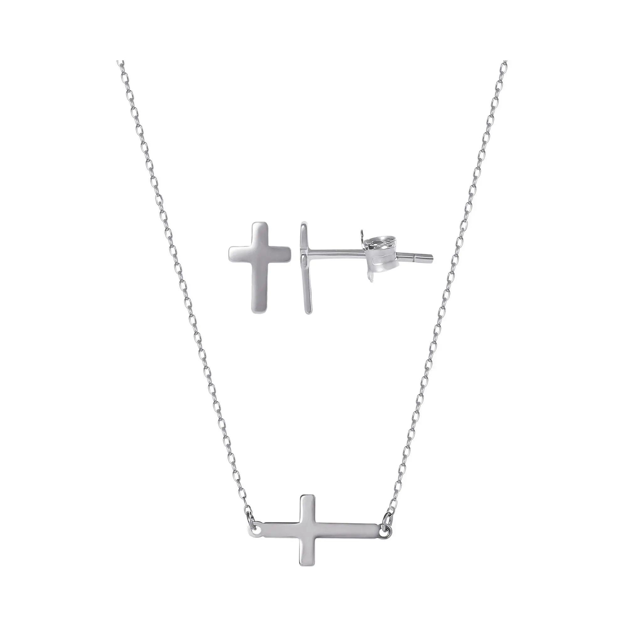 Silver Style Cross Earrings and Necklace Set, Sterling