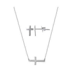 Silver Style Cross Earrings and Necklace Set, Sterling
