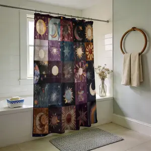Sun & Moon Pattern Plaid Print Semi-Transparent Waterproof Shower Curtain, Elegant Bathroom Decor with 12 Hooks, Floral Design, Holiday Gift, Bathroom Accessory