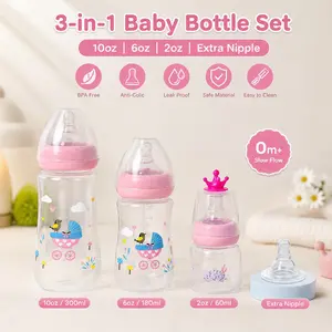 Newborn Breastfeeding Set, Includes 3 Bottles, 1 Replacement Nipple, Wide Neck, Unisex Baby Bottle Kit, Essential Infant Feeding Supplies, Feeding Accessories