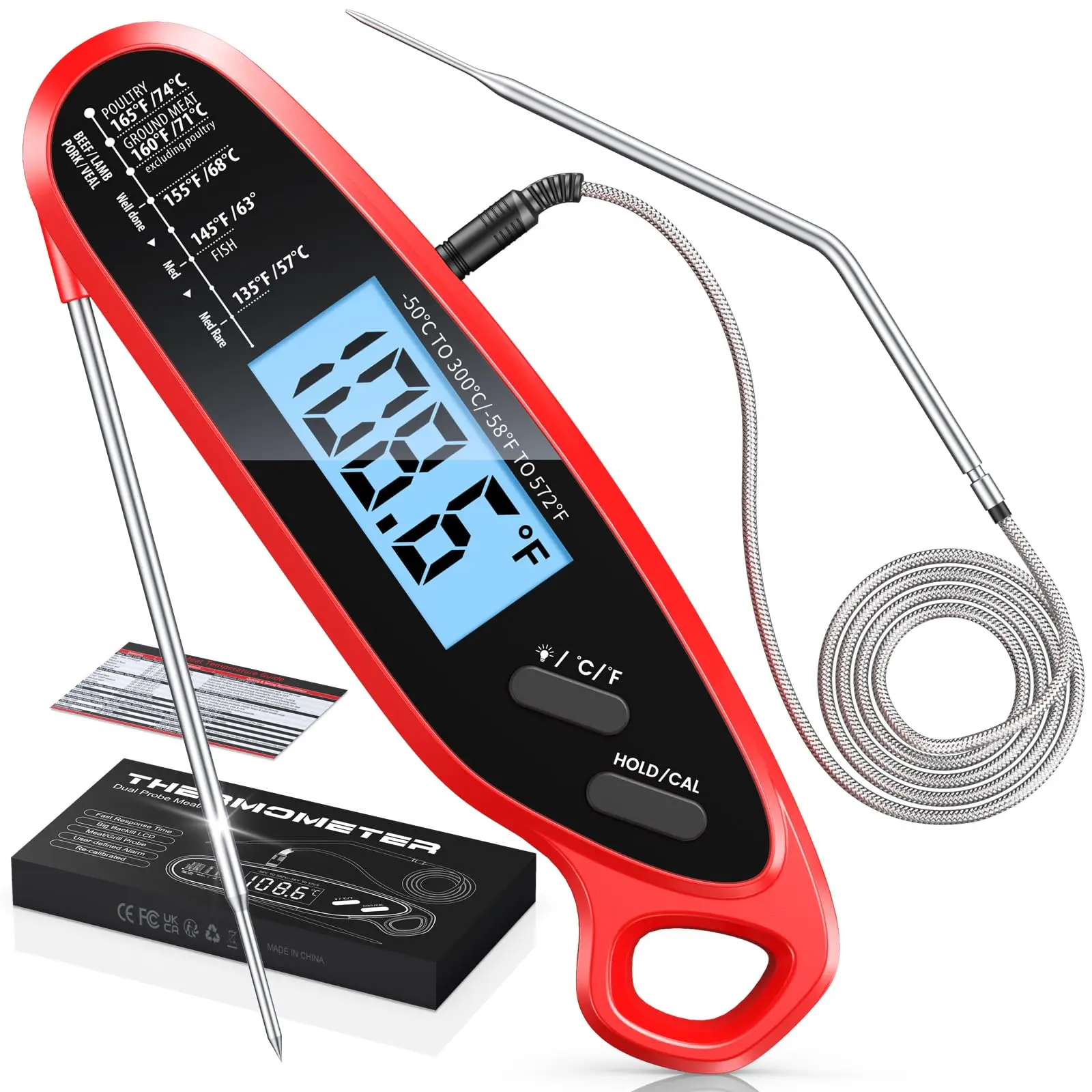 Read Meat Thermometer Digital with Dual Probe, Food Thermometer for Cooking & Grilling, Large Backlit & Calibration, Grill Thermometer for Outside/Kitchen/Oven//Smoker/BBQ/Baking, Black