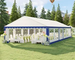 [Ships in 2 boxes] VanAcc Extra Large Outdoor Event Shelter, Wedding Party Tent with Sidewall Windows & 2 Side Doors, Heavy Duty Canopy Gazebo Tent for Garden Patio Carport, White with Blue Stripes