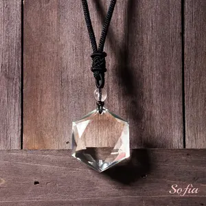 Sofia Natural Clear Quartz Stone Hexagon Pendant Necklace White Quartz Gemstone Charm Adjustable Rope 24 Inch Length for Daily Use Valentine's Day Gift