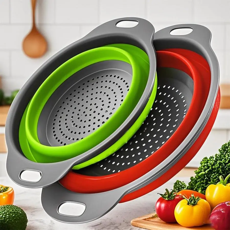 Foldable Tpr Colander Set, Kitchen Strainer Set, Collapsible Strainers for Kitchen, Strainers And Colanders, Kitchen Fruit and Vegetable Drying Rack, Pasta Drainer, Wash Bowl for Fruits Vegetables Noodles, Water Filter Tray