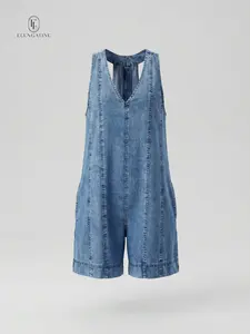 Elengatine Viral Denim Romper for Women | Sleeveless V Neck Loose Fit Jean Playsuit with Pockets | Lightweight & Breathable Denim, Flowy A-Line Silhouette | Effortless Chic & Casual Cool | Perfect for Spring Summer Outfits, Vacation, Brunch