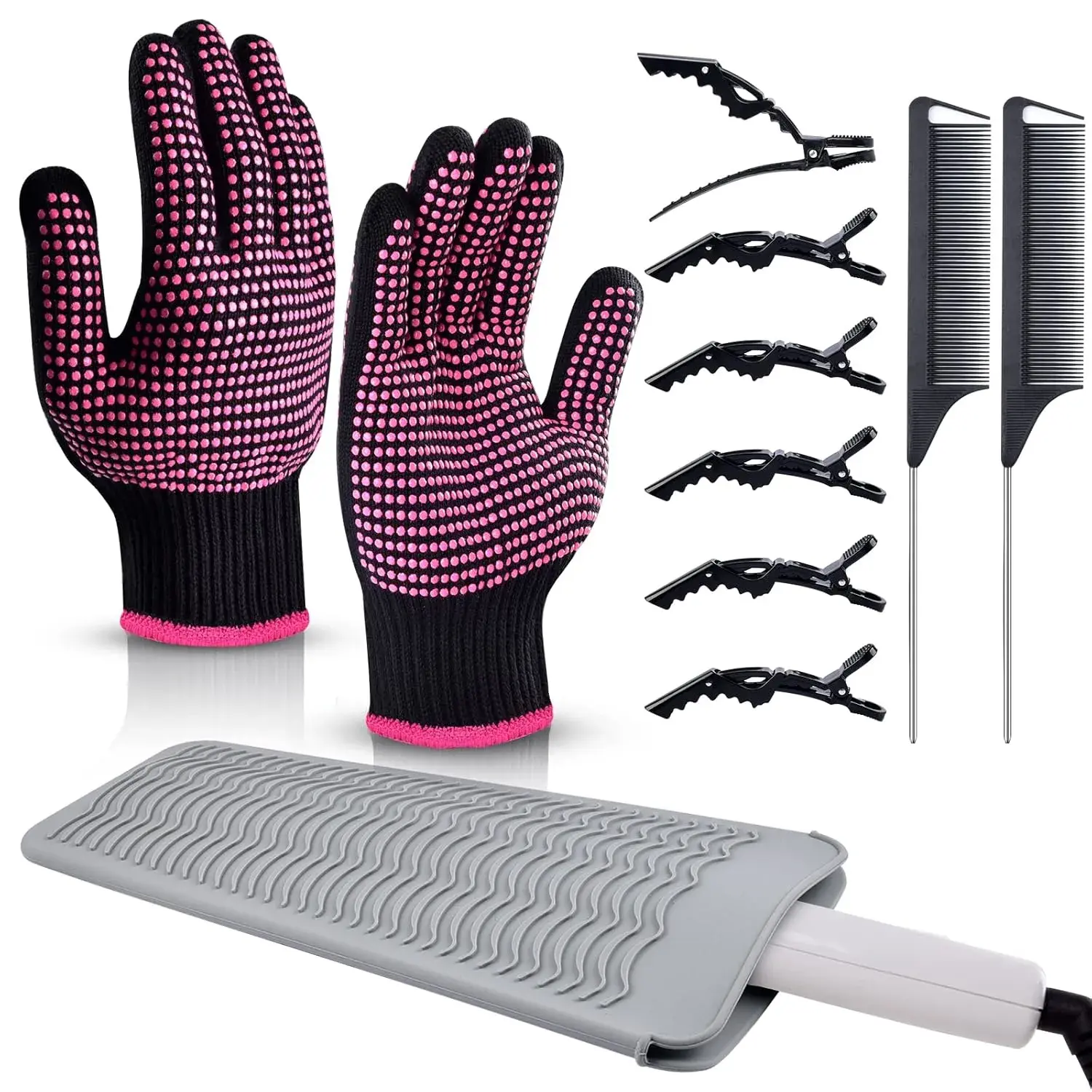 Heat Resistant Gloves, 2 Pcs Professional Heat Gloves for Hair Styling Silicone Hot Mat 6 Pcs Hair Clips and 2 Pcs Styling Comb for Curling Iron Wands Flat Iron