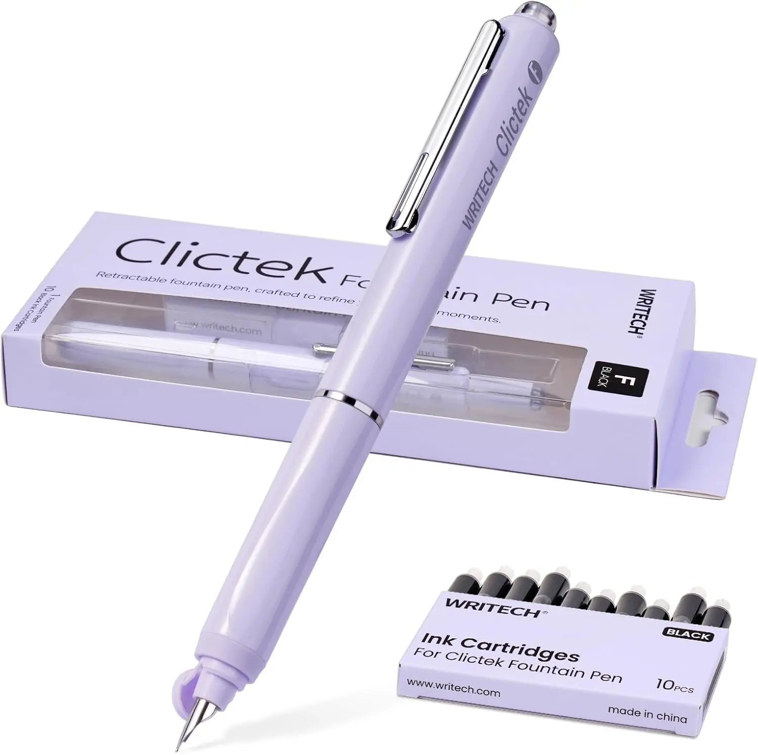 WRITECH Clictek Fountain Pen Set: Retractable Fine Nib Black Ink with 10 Ink Cartridges Smooth Writing No Leaking for Calligraphy Journaling Sketching