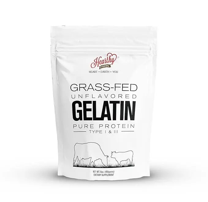 Hearthy Foods Grass-Fed Unflavored Gelatin Powder Pure Protein Type 1 & 3 Keto Paleo Friendly Non-GMO Kosher 16 oz 454g