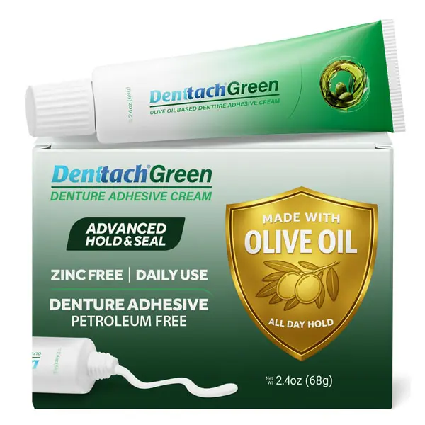 Denttach Green Denture Adhesive, Petroleum Free Olive Oil Based Denture Cream for Full and Partial Dentures, All Day Secure Hold Premium Denture Glue, Zinc Free, 2.4 Ounce