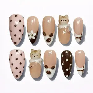 Handmade 3D Cat Press On Nails, Kawaii Coffee Nail Art