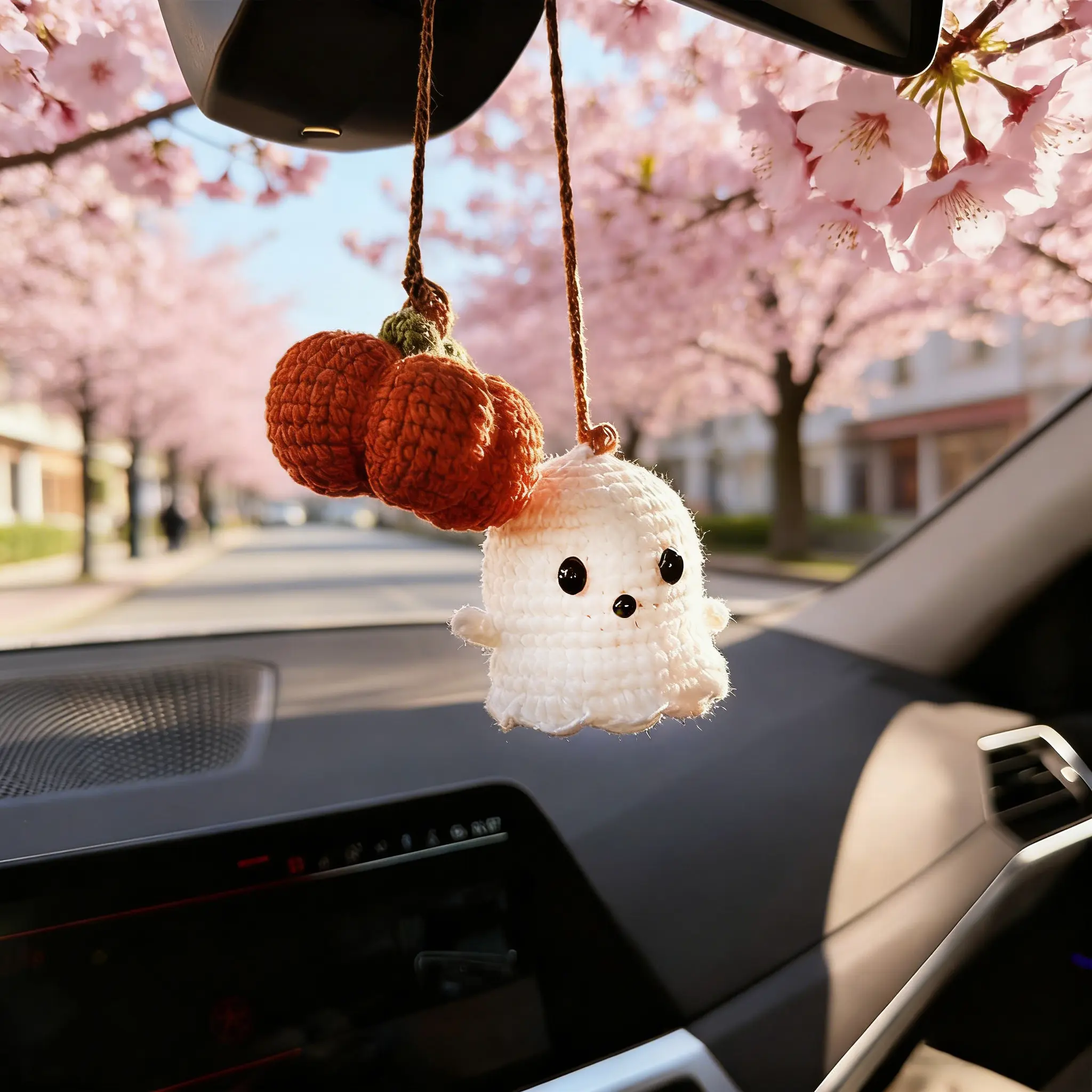 Crochet Ghost & Pumpkin Rear View Mirror Hanging Car Charm Handmade Cute Spring Summer Cozy Season Road Trip Ornament Amigurumi