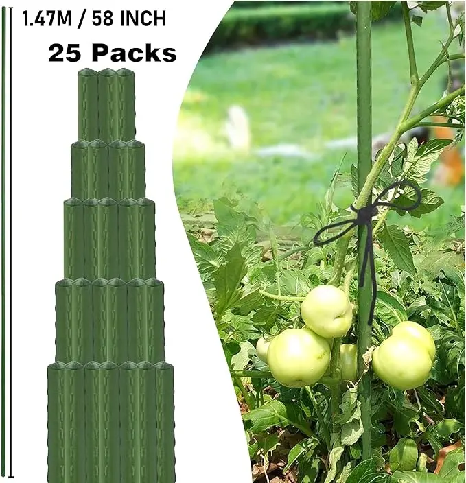 Hourleey 25Pack 58 inch/ 15Pack 96 inch Plastic-Coated Steel Garden Stakes, Heavy-Duty Support for Climbing and Tomato Plants