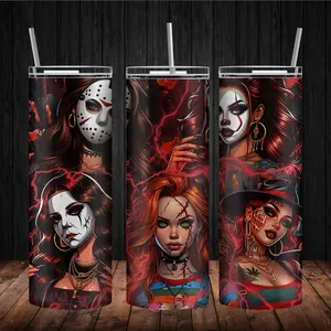 Halloween Female Horror Characters 20oz Tumbler Cup with Metal Straw and Rubber Bottom - Bottle, Drinkware sublimation tumbler Reusable Stylish
