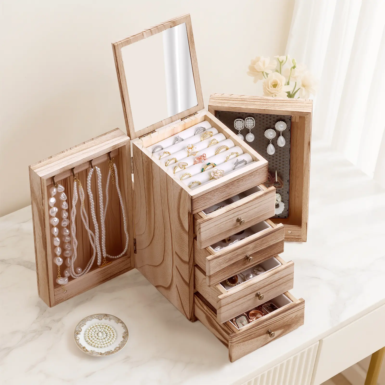 Vintage Retro Wooden Jewelry Organiser, 5-Layer Tabletop Storage Box with Mirror & Drawers, Women's Case for Rings, Earrings, Necklaces, Bracelets