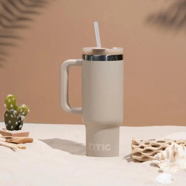 RTIC 30 oz Ceramic Lined Road Trip Tumbler with Handle and Leak-Resistant Straw Lid, Beach