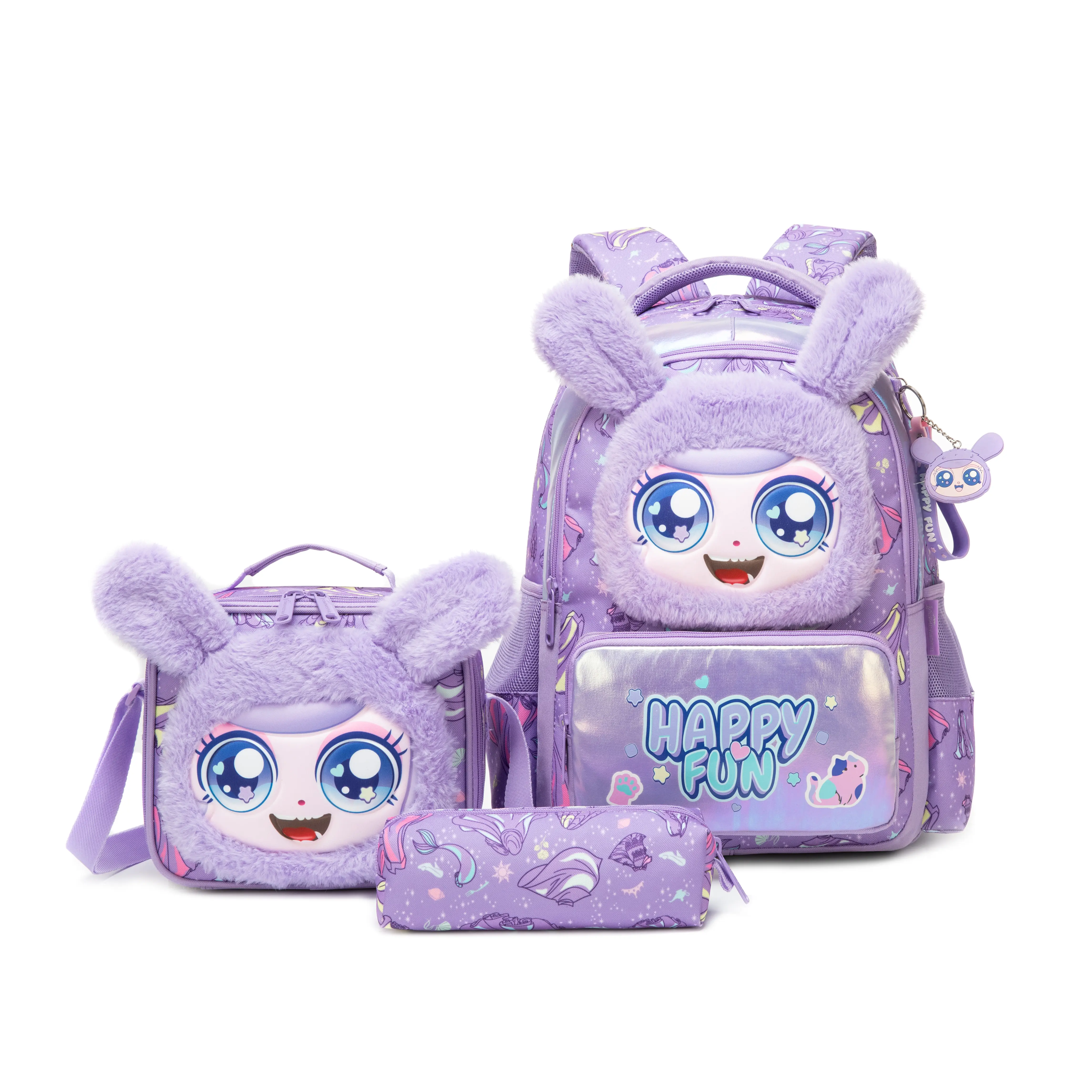 Girls' 3-Piece Animal Backpack Set, Purple Cartoon School Bag with 3D Plush Bunny, Insulated Lunch Bag & Pencil Case, Adjustable Ergonomic Straps, Backpacks For School, Preppy, Cute Backpack, Childrens Bag