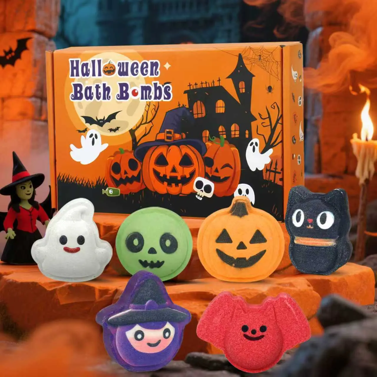 iHave Spooky Halloween Bath Bomb Set – 6pcs Kids & Women Fizzing Witch, Ghost, Skull, Black Cat, Bat & Pumpkin Bath Bombs – Fun Halloween Party Favors, Relaxing Fizzy Spa Balls, Cute Halloween Gifts for Bath Time Magic & Self-Care Scented