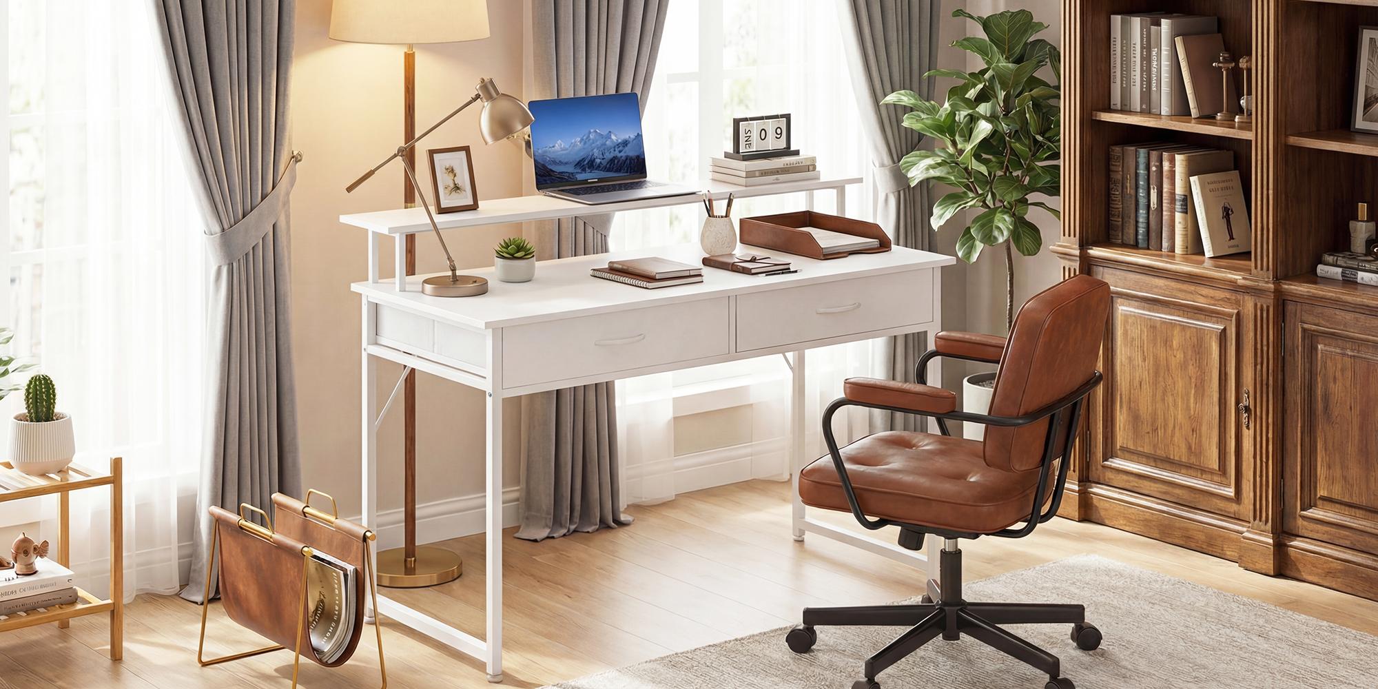 Small Home Office Computer Desk, Desk with 2 Drawers and Monitor Stand, Gaming Desk for Small Spaces Small Home Office Computer Desk, Desk with 2 Drawers and Monitor Stand, Gaming Desk for Small Spaces