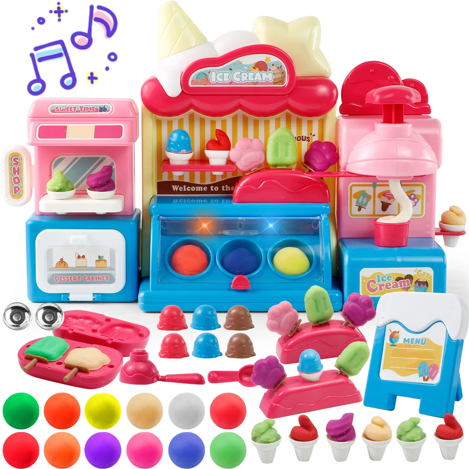 Kids Clay Ice Cream Maker Toy Pretend Play Dough Set with Lights Music 12 Vibrant Colors Soft Air Dry Clay & Sculpting Tools Creative Play Set