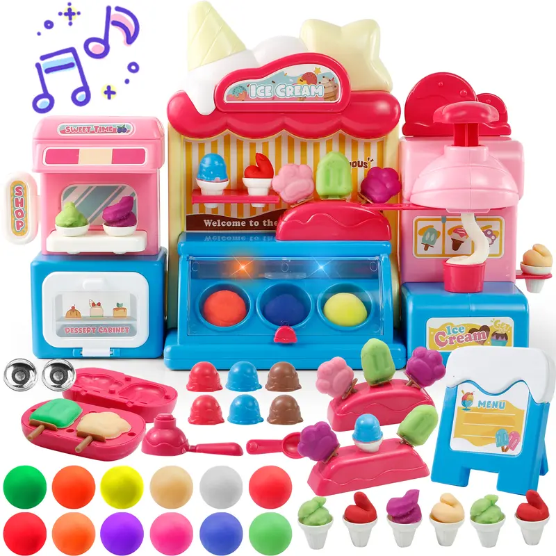 Kids Clay Ice Cream Maker Toy Pretend Play Dough Set with Lights Music 12 Vibrant Colors Soft Air Dry Clay & Sculpting Tools Creative Play Set Toddler Playset Cooking Playset