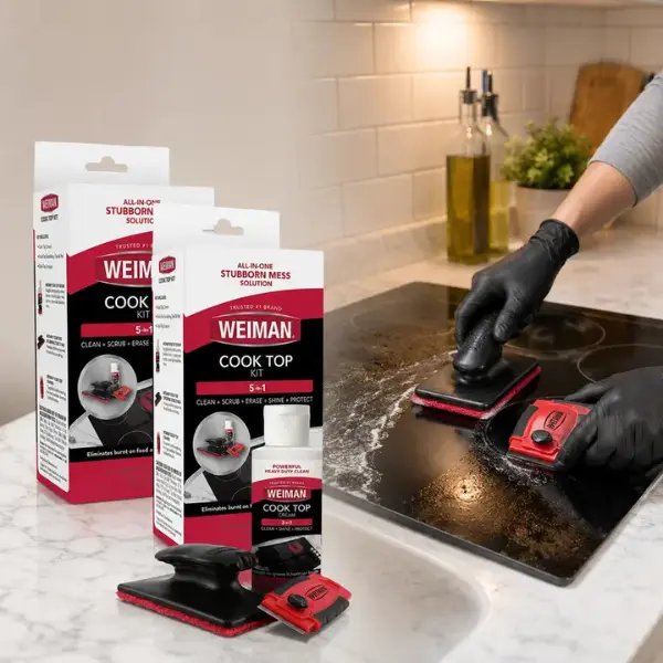 Weiman 2 oz. Glass Cook Top Cleaning Kit Household, Glass Cooktop Cleaner, Ceramic Stove Top Cleaner Kit, Burned-On Food Remover, Heavy-Duty Cooktop Cleaner, Weiman Cleaner Polish, Glass Stove Top Scraper, Cooktop Scrubbing Pad, No-Scratch Cleaning