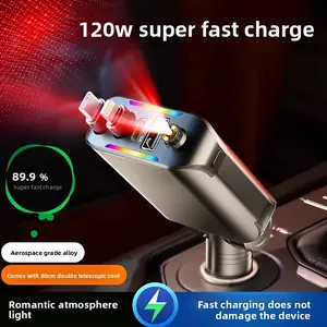 2025 New Starry Sky Car Charger 120W Fast Charging 3 Ports with Ambient Light Retractable Charging Cable Cigarette Lighter Adapter