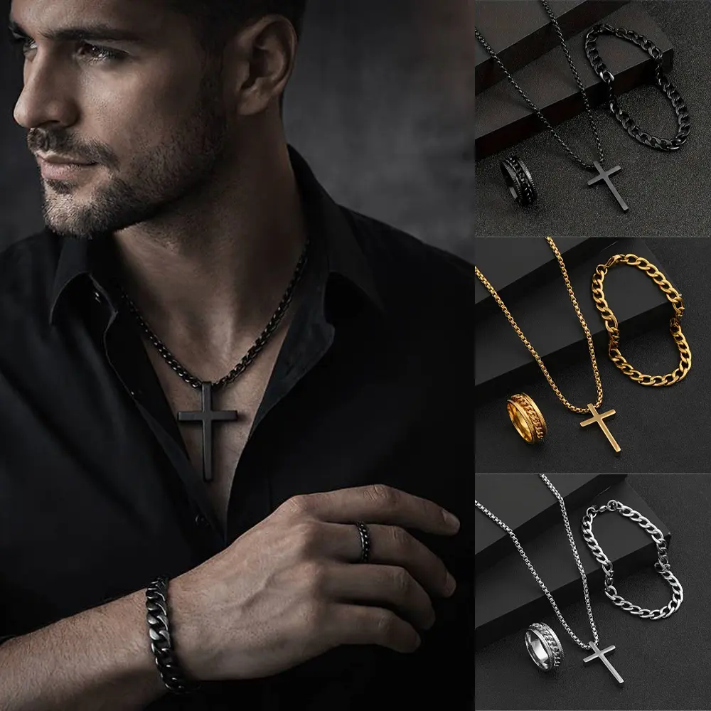 3 Piece Cross Jewelry Set for Women & Men, Stainless Steel Ring Bracelet and Necklace with Cross Pendant, Religious Fashion Accessories for Everyday Wear