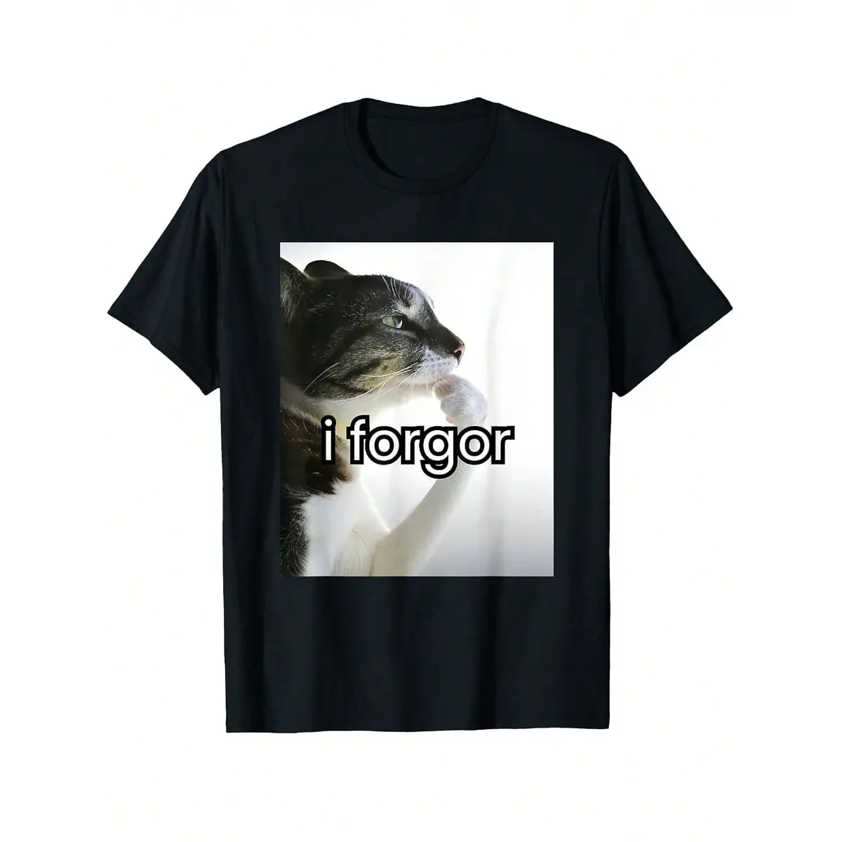 Men's Short-Sleeve Round Neck Cotton T-Shirt Set - Funny Silly Cat, I Forgor Cringe Brainrot Design, Stitched Hem, Streetwear Style
