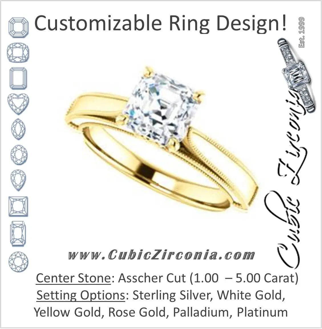 Cubic Zirconia Engagement Ring- The Britney (Customizable Asscher Cut Decorative-Pronged Cathedral Solitaire with Fine Milgrain Band)