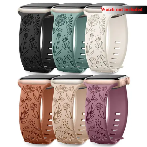 Flower Engraved Watch Band, 6 Counts Soft Silicone Watch Band for Women, Wearable Accessories Smart Watch Straps Compatible with iWatch Series Ultra Ultra 2 SE 11 10 9 8 7 6 5 4 3 2 1 Smartwatch Accessories (Band Only)
