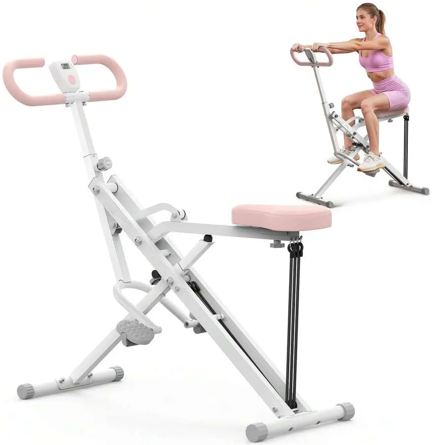 2-in-1 Squat Rowing Machine for Home Gym, Sturdy Enhanced Steel Construction, 350 lbs Capacity, Foldable Frame, LCD Display, 3 Adjustable Resistance Bands, Ergonomic Padded Seat, Aluminum Alloy Components, Versatile Grip Positions