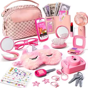 X-MAB01  Little Girls Purse with Accessories, Toddler Purse with Pretend Makeup for Girls Includes Pink Hand Fan, Unicorn Tattoos Sleep Mask for Kids, Pretend Princess Play Toys for 3 4 5 6 7 8 Year Old Girl