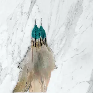 Feather End Beaded Earrings with Turquoise Beads and Feather Accent, Elegant Design for Everyday Wear men woman