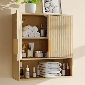 Over The Toilet Storage Cabinet Wall Mounted Bathroom Organizer Wood Medicine Cupboard Double Door Adjustable Shelf Open Rack Utility Saver Unit For Laundry Room Kitchen Small Space Apartment Oak Veneer Waterproof