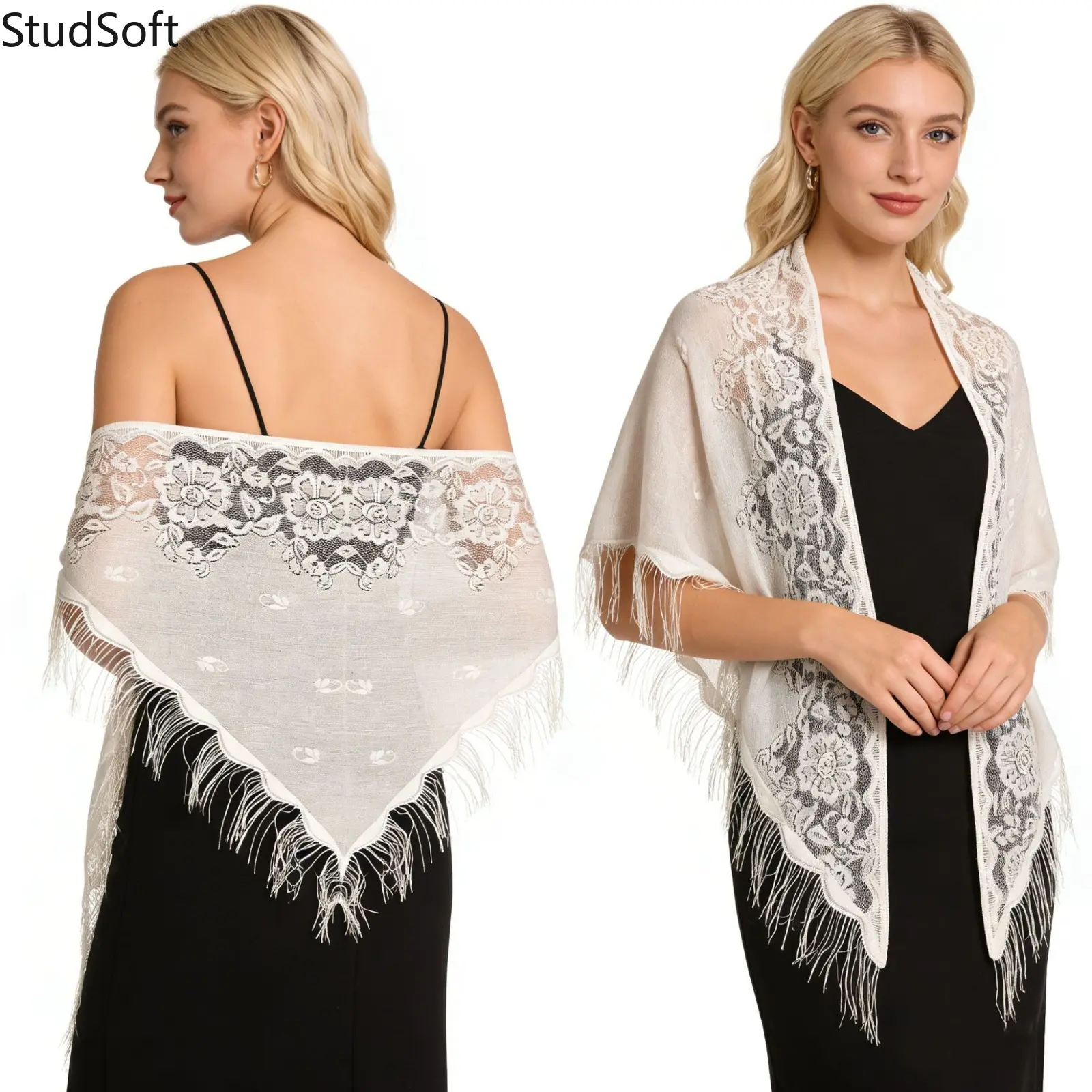 Women's Elegant Floral Lace Shawl, Triangular Fashion Wrap for Weddings, Bridal Wear & Formal Occasions, Boho Floral Shawl, Multifunctional Lace Scarf