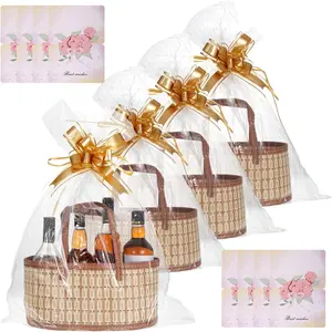 4 Set Baskets for Gifts Empty, Large Gift Empty Bamboo Basket Foldable Woven Gift Basket with Handle Empty Gift Baskets to Fill for for Spring Baby Baptisms Mother's Day Father's Day Party Favor