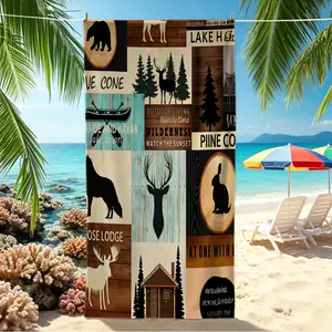 Retro Log Cabin Animal Print Beach Towel, Unique Wilderness Patchwork Beach Towel, Multi‑Color Checkered Oversized Beach Towel—Absorbent and Quick‑Drying, Perfect for All Kinds of Summer Outings
