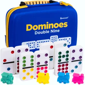 Queensell Double 9 Dominos Set for Adults and Kids with Colored Dots - 55 Melamine Tiles, EVA Case, Complete Game Set, Classic Gift