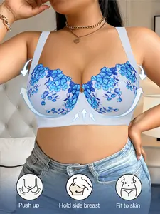 Cup Supportive Bra Deep Ecomilky Plus Size Women's Bra Comfortable Push-Up Design with Wide Shoulder Straps for Side Support Skin-Friendly Fit & Floral Embroidery Underwire Push Up Underwire Unlined
