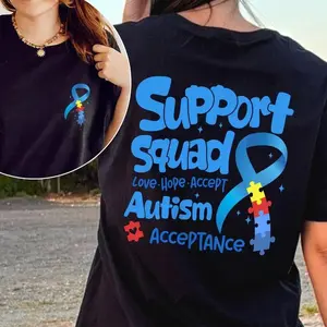 Unisex Autism Support Squad T-Shirt Blue Ribbon Puzzle Graphic Autism Awareness Tee Oversized Loose Crewneck Short Sleeve Cotton Top for SPED Teachers, Autism Moms, Families, Neurodiversity Advocacy Daily Wear