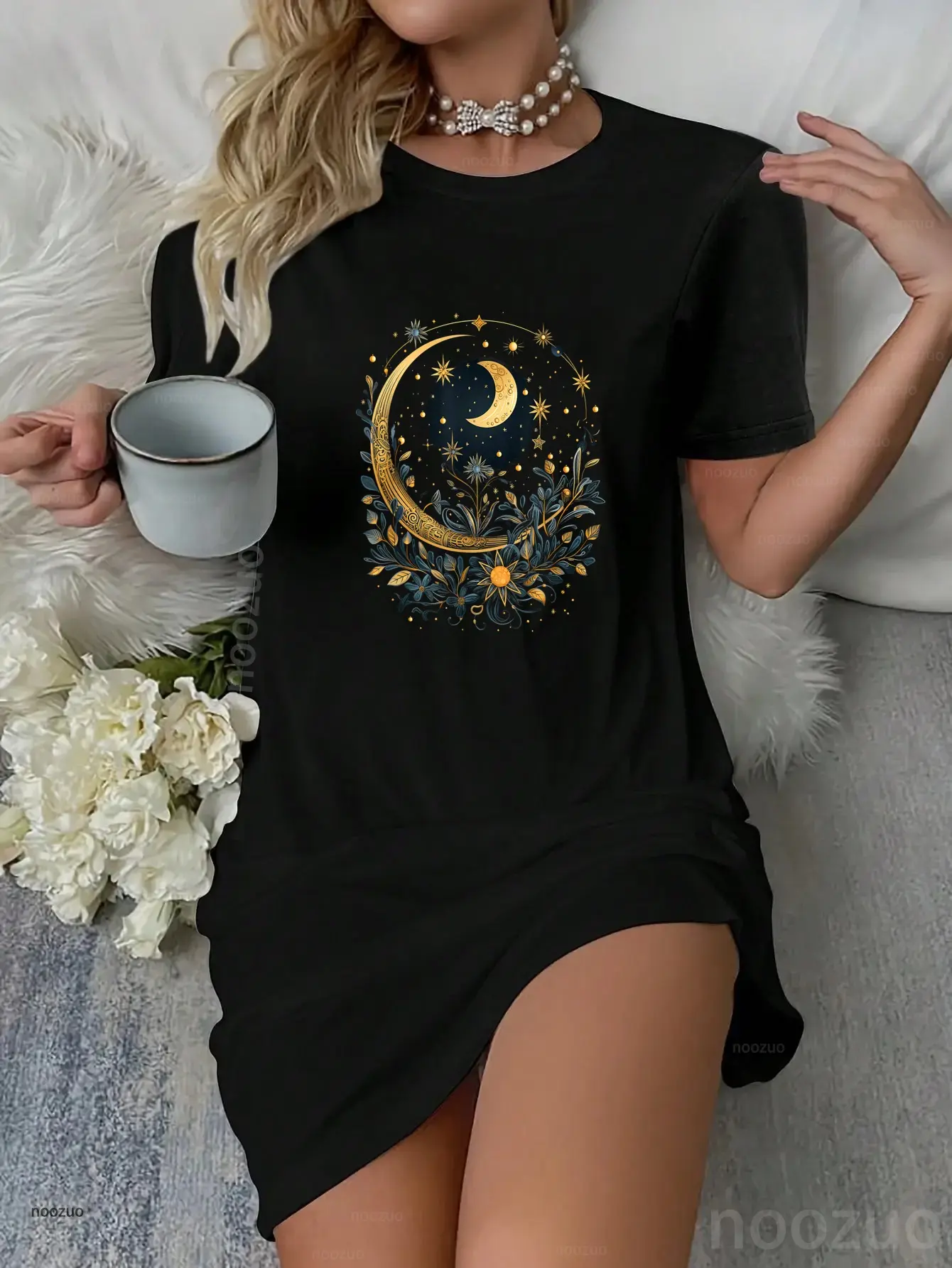 Vintage Hip Graphic Nightdress for Women, Aesthetic Sun and Moon Short Sleeve Loungewear, Relaxed Fit, Everyday, Casual Wear