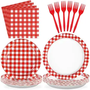96 Pcs Red Gingham Party Decorations Red and White Buffalo Checked Plaid Plates and Napkins Disposable Gingham Tableware Sets for Summer Pizza BBQ Picnic Baby Shower Birthday Party Supplies Serves 24