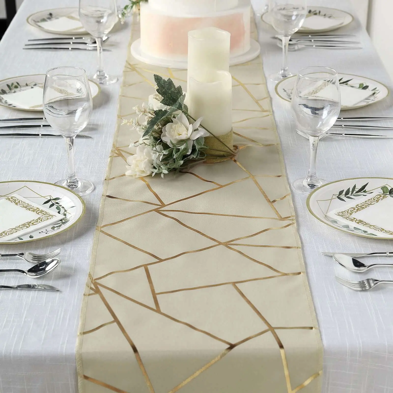 Beige Polyester Table Runner - 9ft, Gold Foil Geometric Pattern, for Home Decor, Event Banquet, Table Setting
