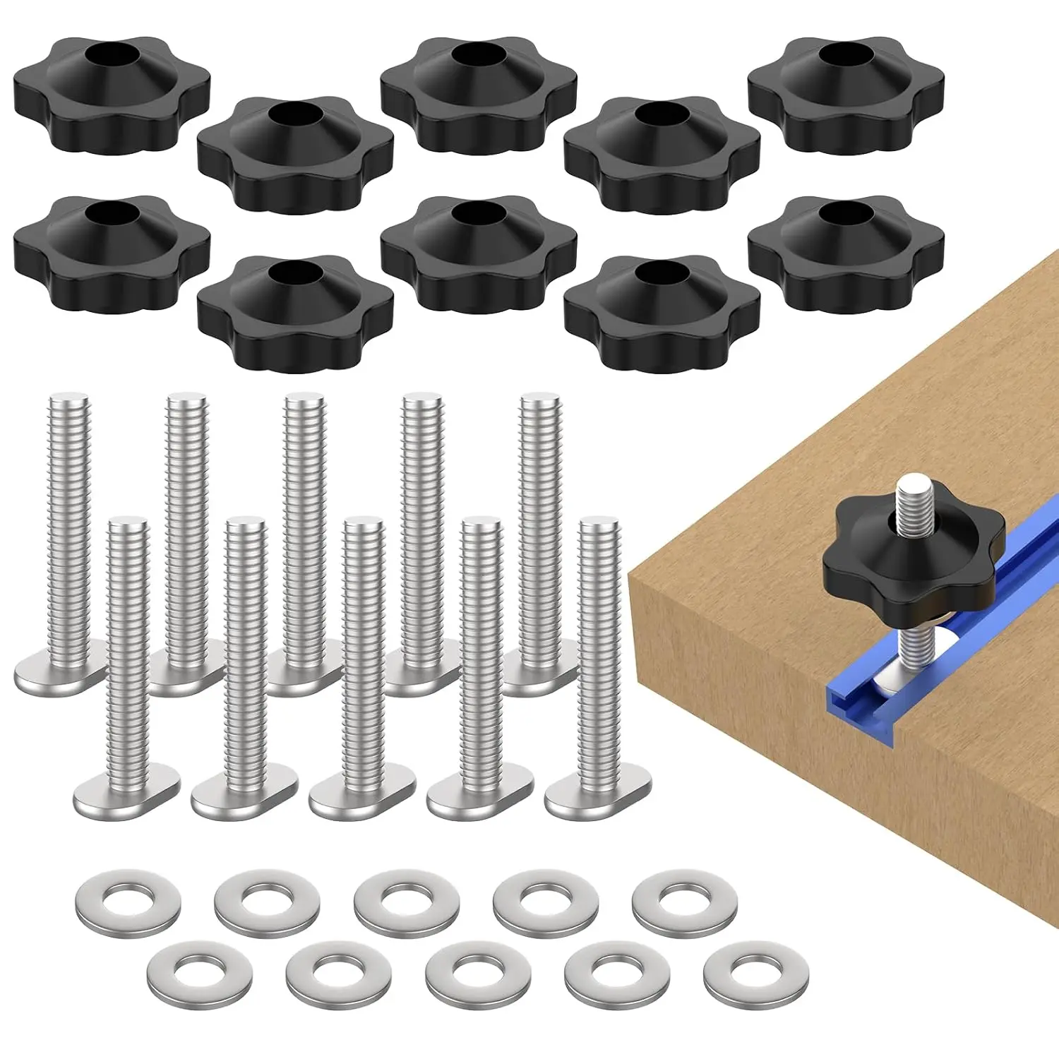 10 Sets of 1/4"-20 T Track Knob Kit, Star Knobs Kit Include 1/4-20 Threaded Bolt 2-1/2" Length with Washers, T Track Accessories for Woodworking Jigs and Fixtures