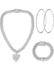 Cuban Link Chain Jewelry Set Cuban Chain Necklace Cuban Link Bracelet Rhinestone Hoop Earrings Gold/Silver Iced Out Chain Heart CZ Clear Cuban Link Chain Big Circle Earrings Hip Hop Cuban Link Chain For Women Bracelets Set Costume Jewelry Set