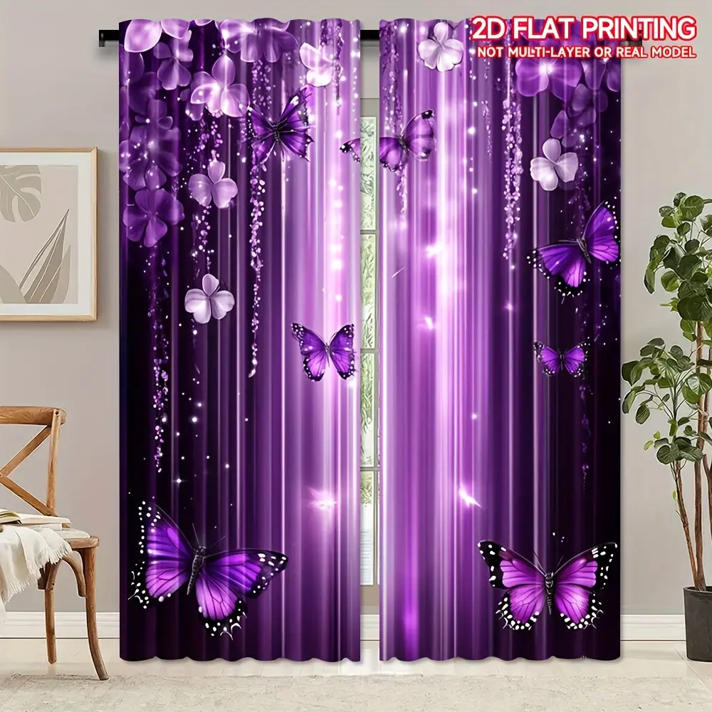 2-Piece set, 2D flat, purple dream butterfly and floral design printed curtains, purple gradual change background, translucent rod pocket design, suitable for home decoration, Sheer Printed Curtains, Window Drapes